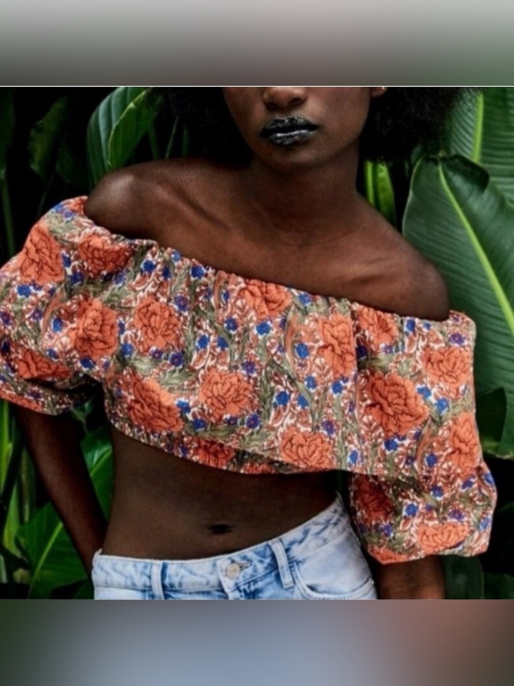NWOT Zara Orange Floral Off-Shoulder Crop Top